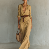 Vestido largo con cuello de solapa y cinturón incluido