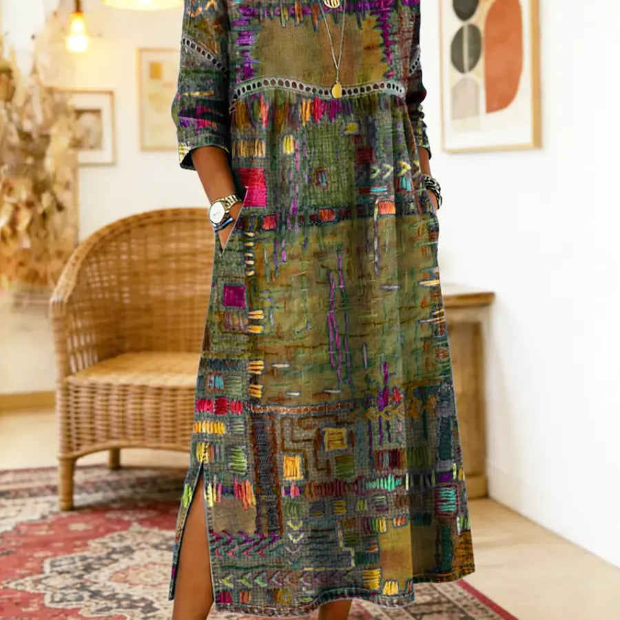 Manuela - Vestido de Denim con Parches Étnicos