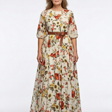 Isabelle | Maxikleid mit Gürtel, Rundhalsausschnitt und Dreiviertelärmeln
