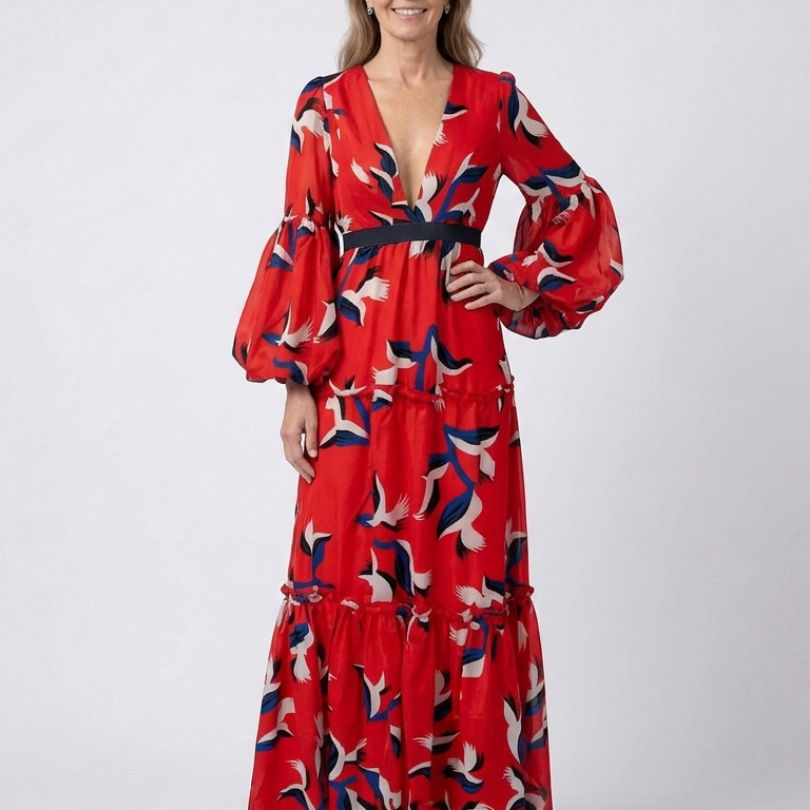 Léa | Maxikleid mit langen Ärmeln und gebundenem Taillengürtel