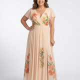 Hélène | Maxikleid mit plissierten Blumen und V-Ausschnitt
