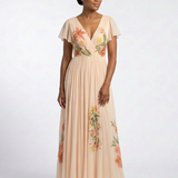 Hélène | Maxikleid mit plissierten Blumen und V-Ausschnitt