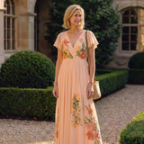 Hélène | Maxikleid mit plissierten Blumen und V-Ausschnitt