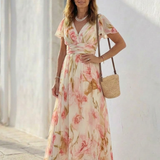 Margaux | Maxikleid mit floralem Muster und kurzen V-Ausschnitt-Ärmeln