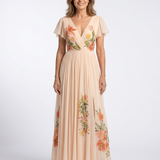 Hélène | Maxikleid mit plissierten Blumen und V-Ausschnitt