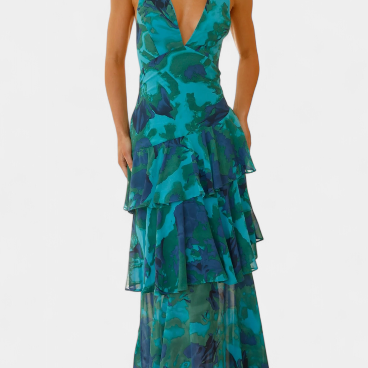 Domenica - Vestido de chiffon con escote en V y capas fluidas