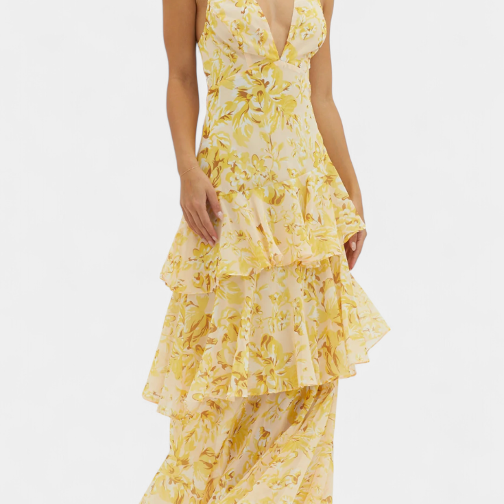 Domenica - Vestido de chiffon con escote en V y capas fluidas