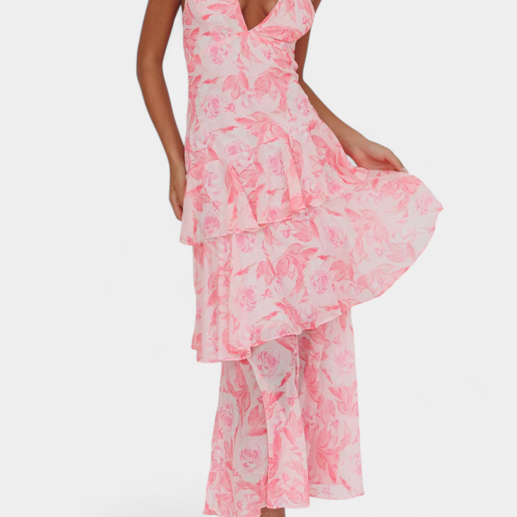 Domenica - Vestido de chiffon con escote en V y capas fluidas
