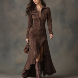 Lisette | Langes Retro-Kleid in Braun mit Volants