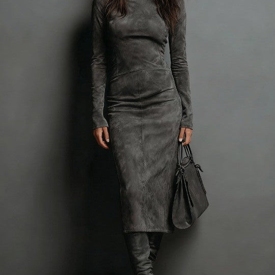 Auriane | Midi-Suede-Kleid mit hohem Kragen