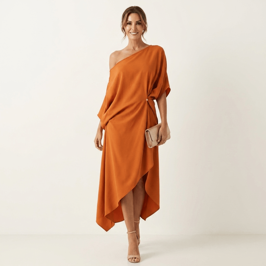 Olga - Vestido midi con escote asimétrico y hombro descubierto