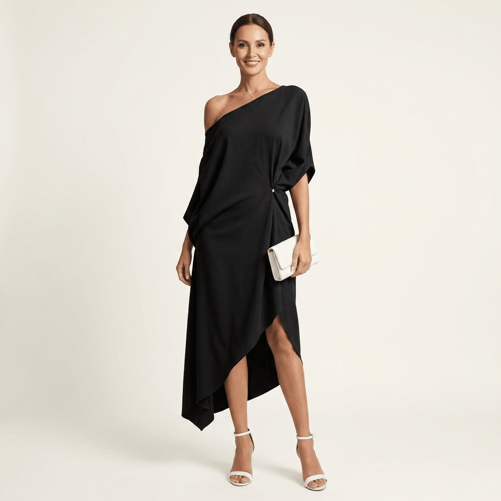 Olga - Vestido midi con escote asimétrico y hombro descubierto