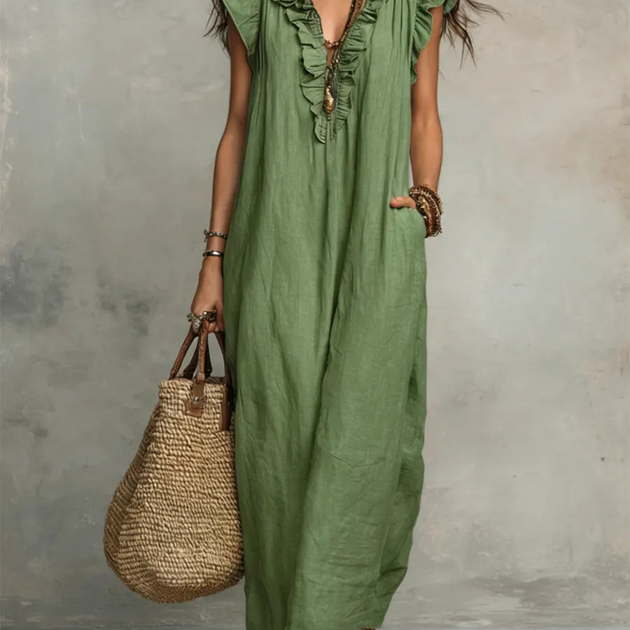 Korina - Vestido Maxi Boho de Lino Vaporoso