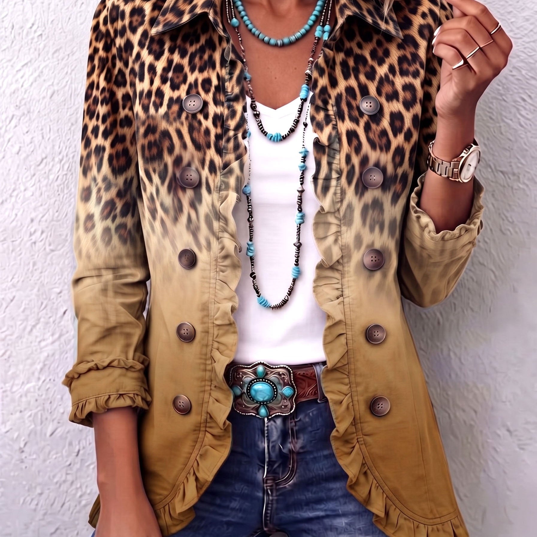 Chantal | Blazer con Degradado y Patrón de Leopardo con Encajes