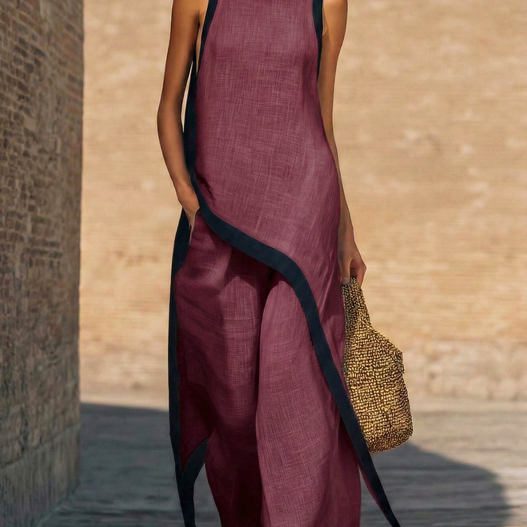 Ruca - Conjunto de dos piezas de elegante lienzo y algodón con corte artístico para mujeres