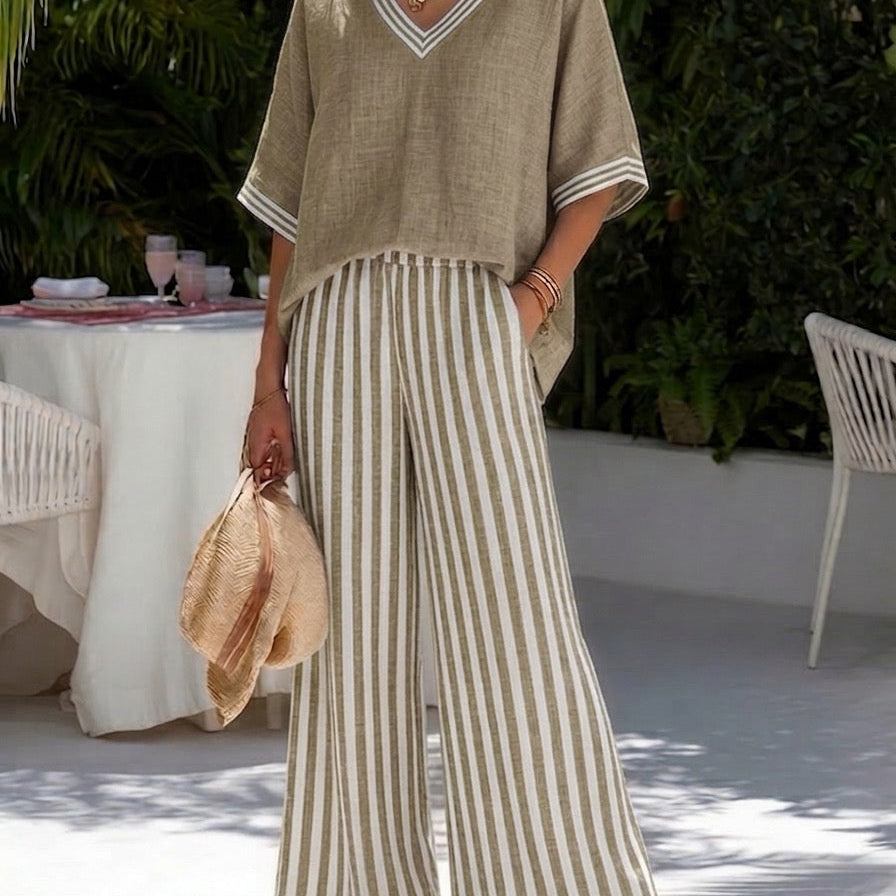Amélia - Conjunto elegante y relajado de rayas de lino y algodón